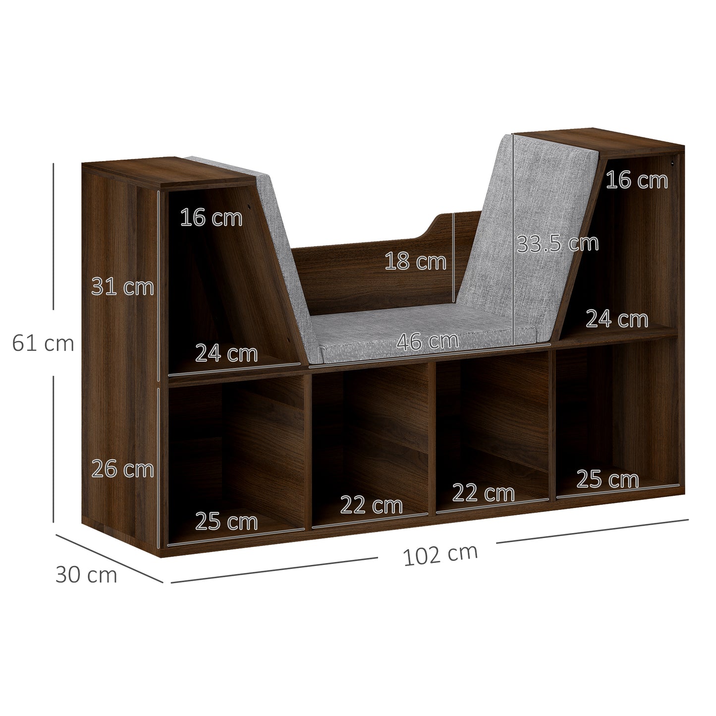 HOMCOM Cube Bookshelf Organizer With Cushioned Reading Seat Storage Shelf Chestnut For Bedroom And Living Room