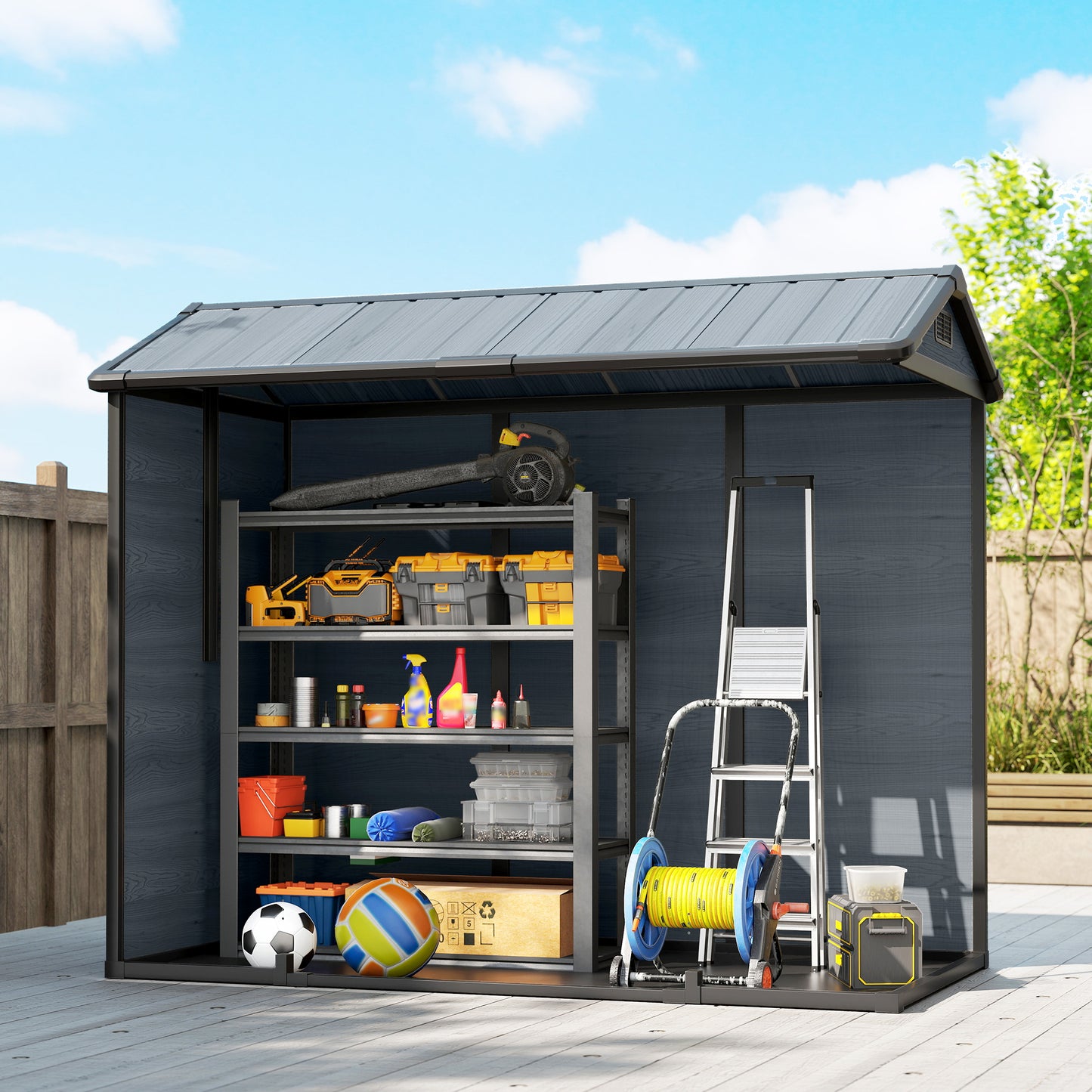 Outsunny 8x4ft Resin Garden Shed Wood Effect Outdoor Storage With Floor Windows Lockable Doors Vents Dark Grey