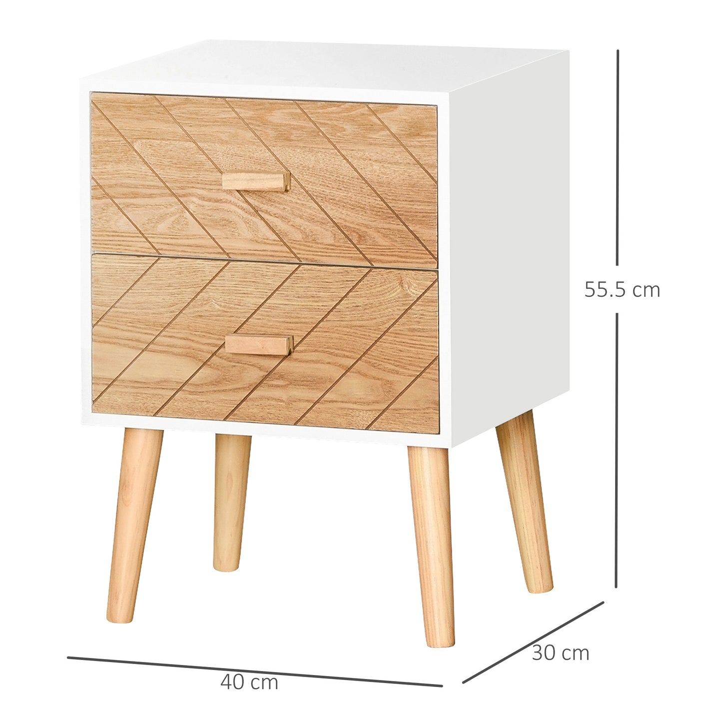 HOMCOM Bedside Table Set of 2 Modern Nightstands with Drawers and Pine Wood Legs White and Natural