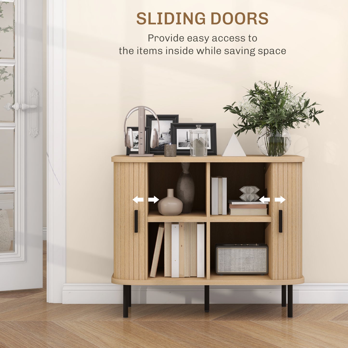 HOMCOM Mid Century Modern Sideboard Storage Cabinet With Slatted Tambour Sliding Doors Oak Tone