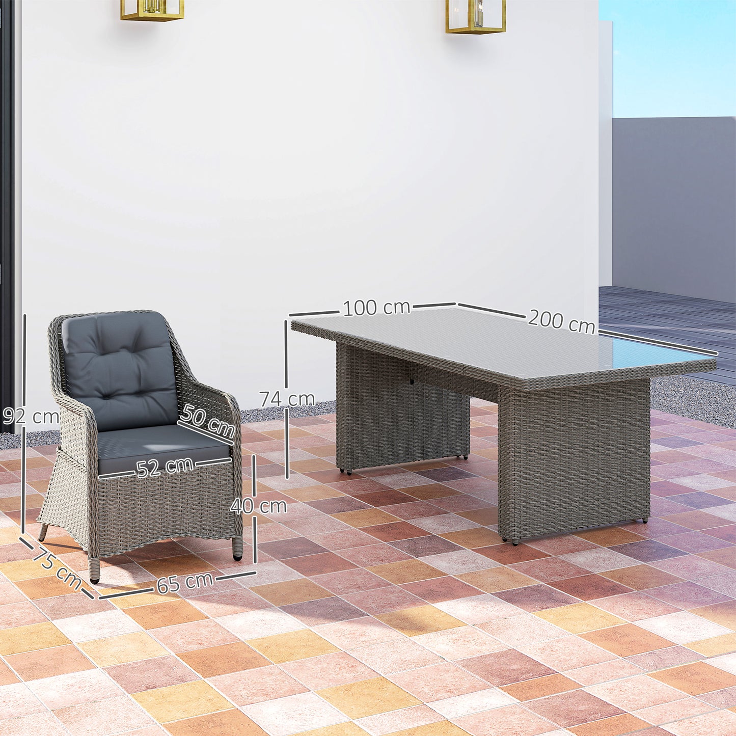 Outsunny Seven Piece Rattan Dining Set In Mixed Grey For Outdoor Garden Patio With Elevated Table And Chairs