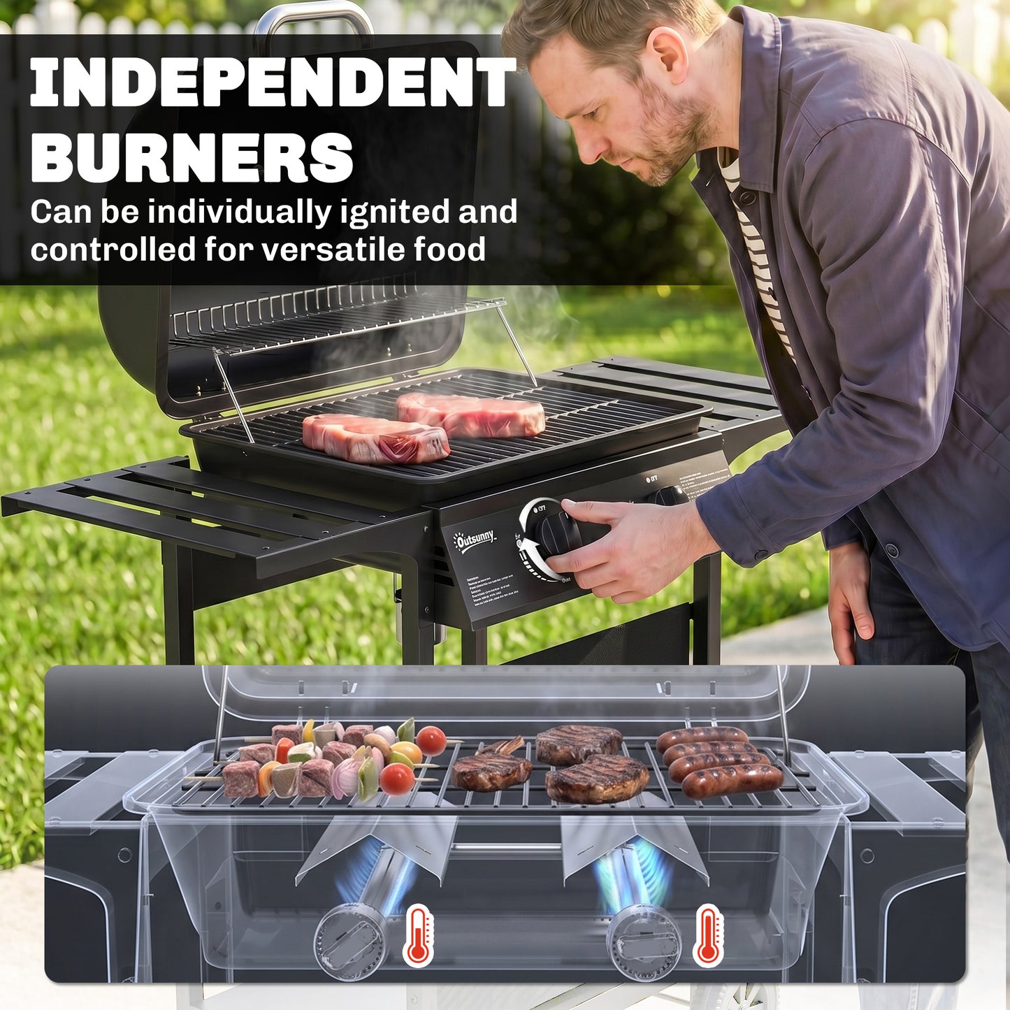 Outsunny Two Burner Gas Grill With Side Tables Warming Rack Thermometer Grease Tray Black