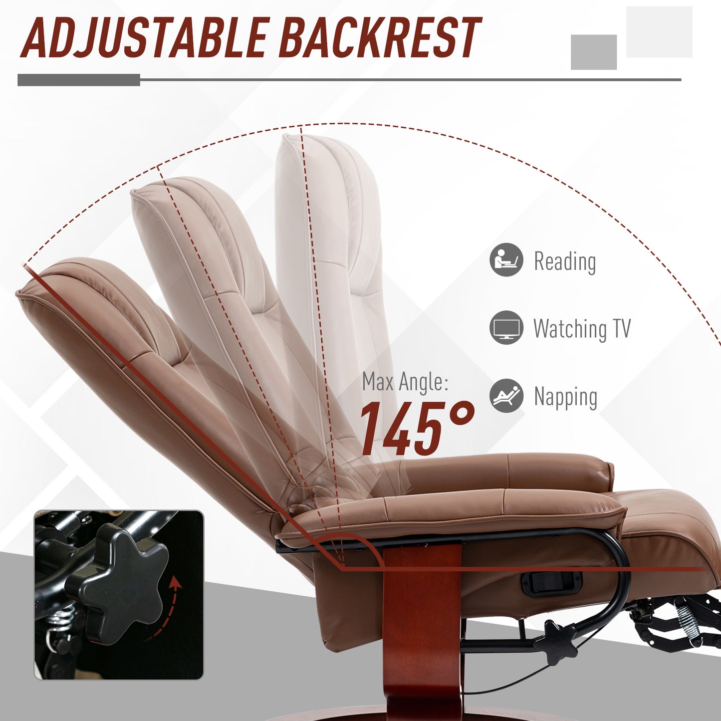 HOMCOM Faux Leather Recliner Armchair With 145 Degree Back Tilt And 360 Degree Swivel Brown