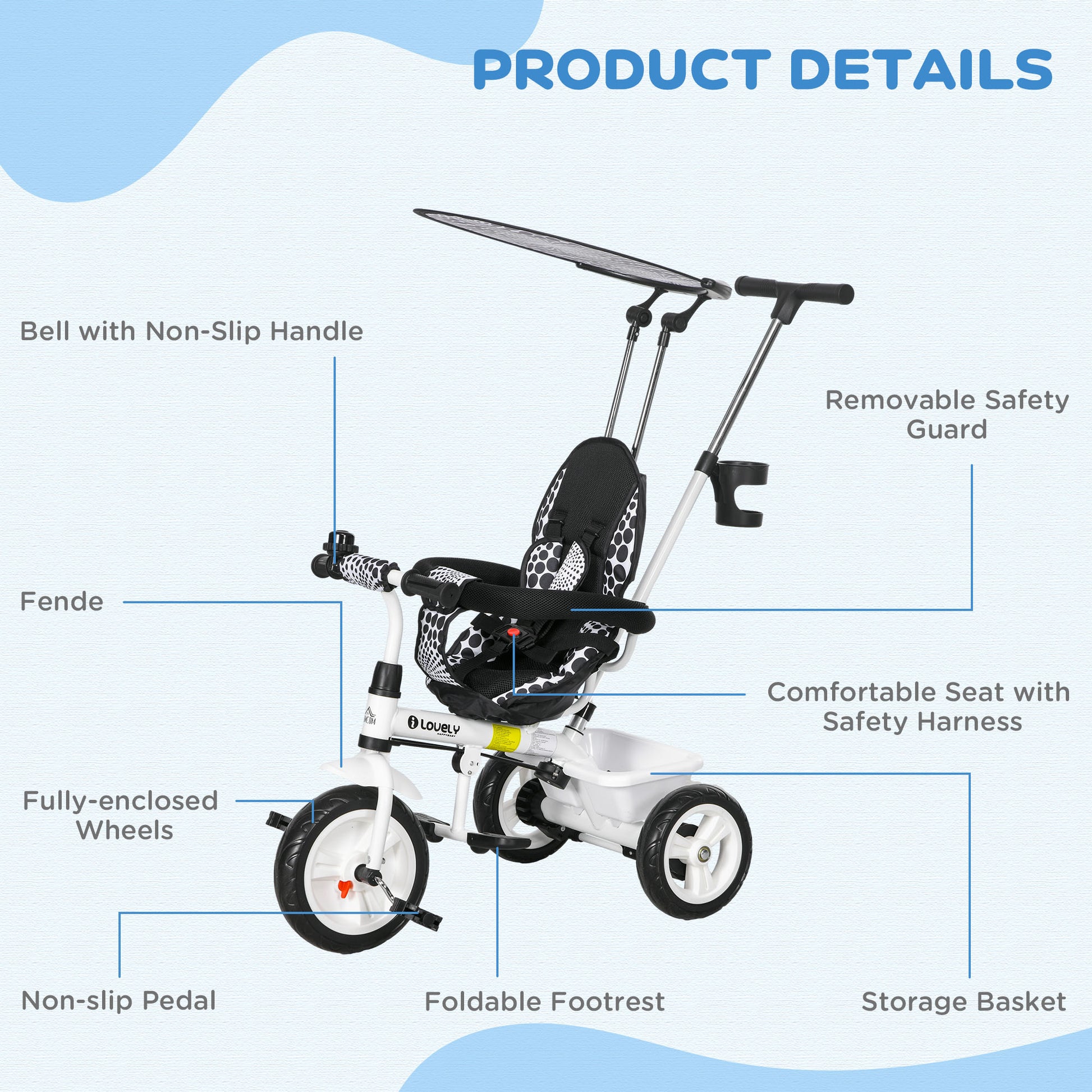 HOMCOM 6-in-1 Convertible Tricycle for Toddlers with Safety Harness and Removable Canopy, White - ALL4U RETAILER LTD