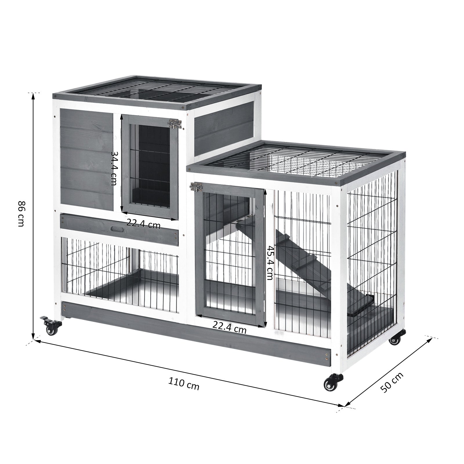 PawHut Elevated Wooden Indoor Cage Habitat for Small Animals with Enclosed Run and Wheels, Grey and White - ALL4U RETAILER LTD