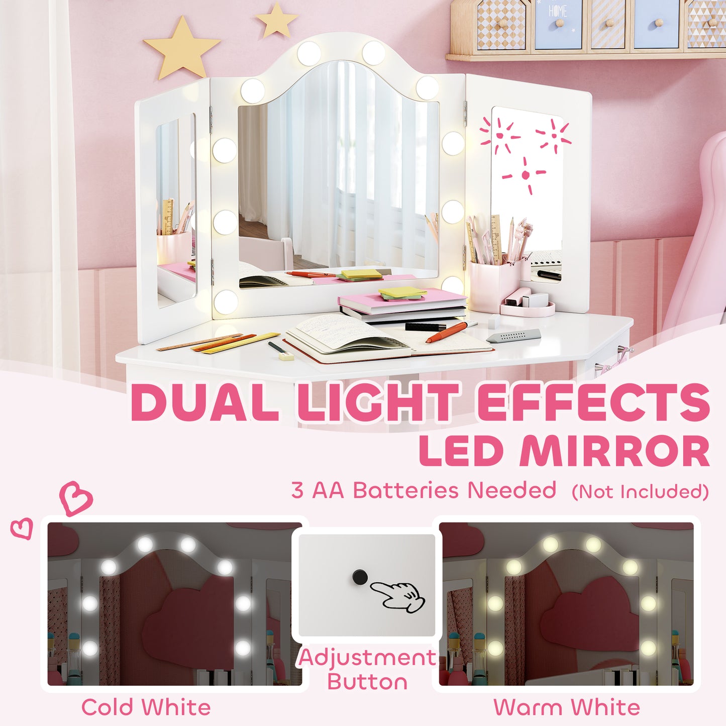 AIYAPLAY Girls Vanity Table And Stool Set With Tri Folding Mirror And Two Color LED Lights White