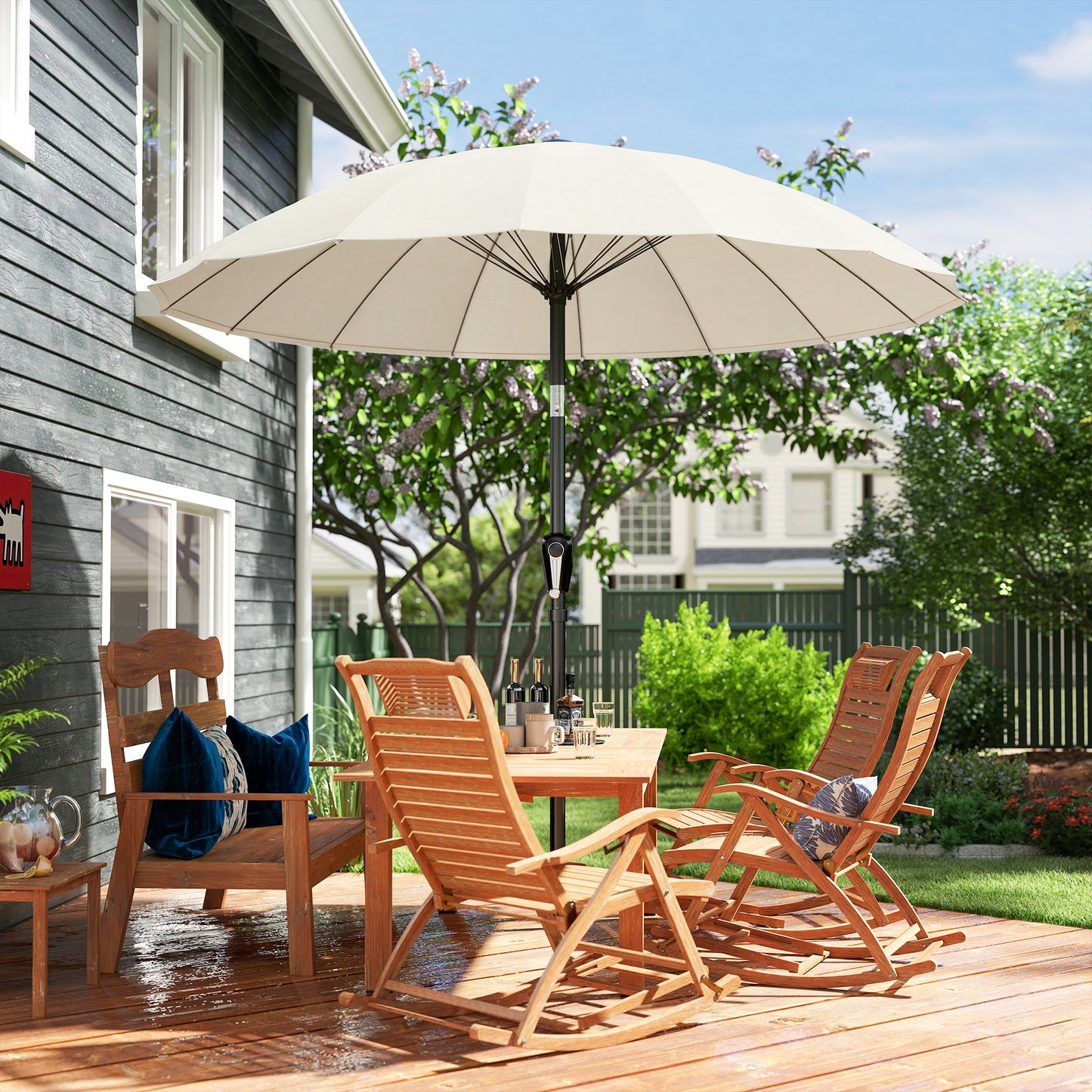 Outsunny 2 m Shanghai Garden Parasol Umbrella With 16 Fibreglass Ribs Crank Tilt Cream White Outdoor Sun Shade