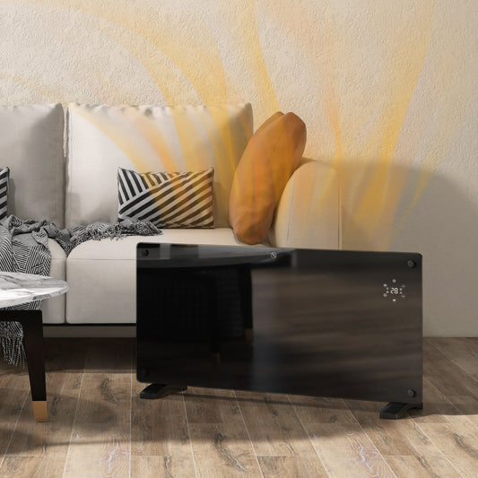 Black smart wall heater with dark front display and small control icons