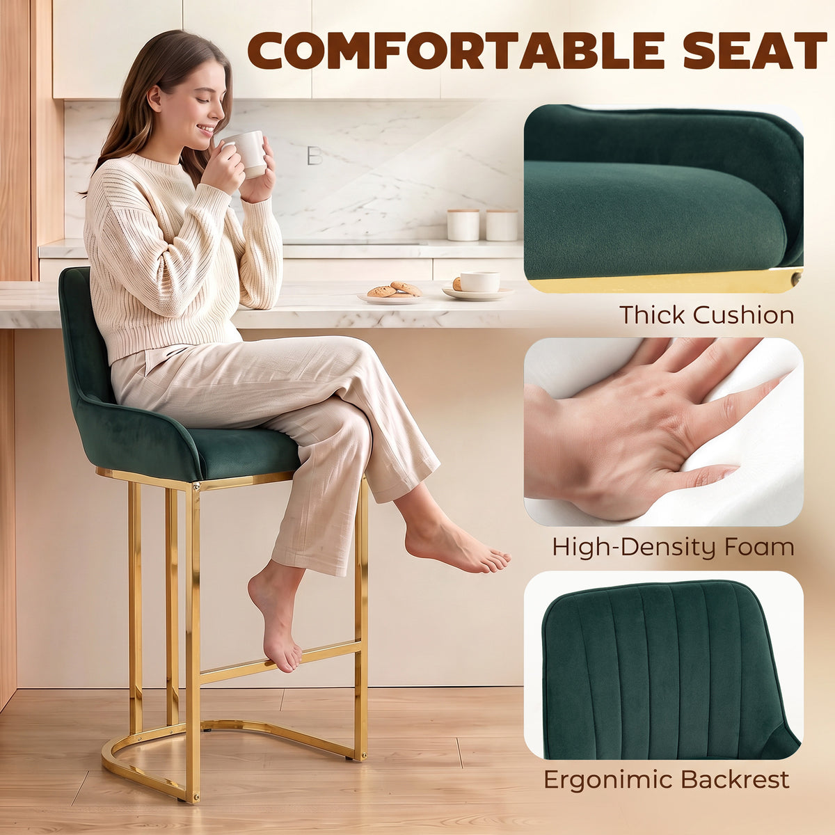 Dark green velvet bar stool with curved backrest and thick seat cushion