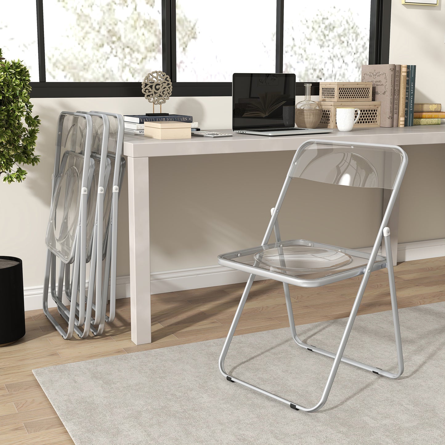 HOMCOM Acrylic Folding Chairs Transparent Seat and Backrest Space Saving Heavy Duty Steel Frame 47W x 48D x 75H cm