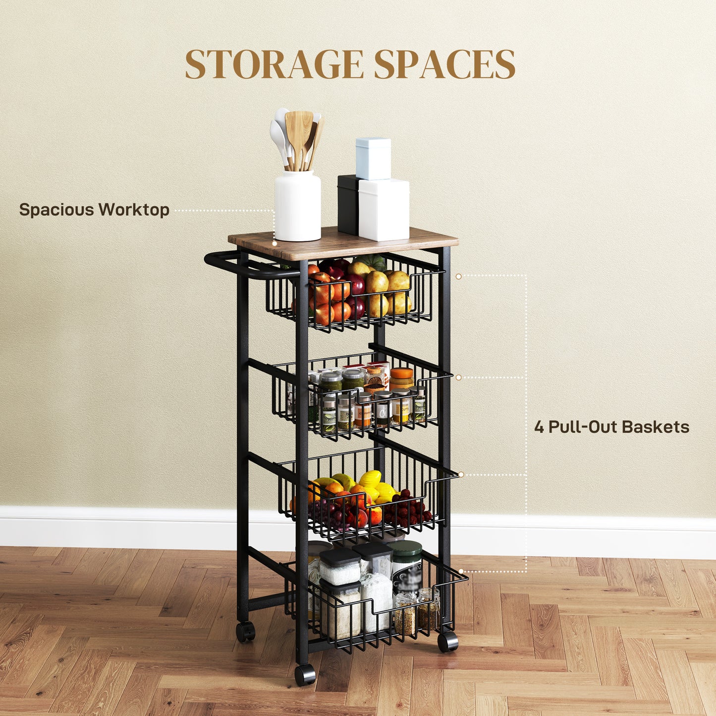 Homcom Four Basket Mobile Kitchen Island With Brakes Oak And Black Top For Extra Counter Space Kitchen Organization