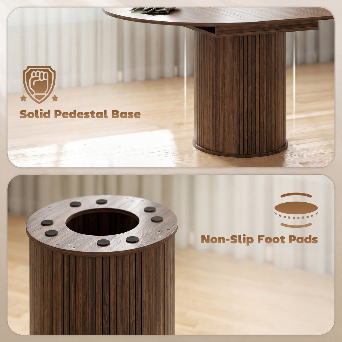 Pedestal table base with non-slip foot pads, shown with tabletop underside details