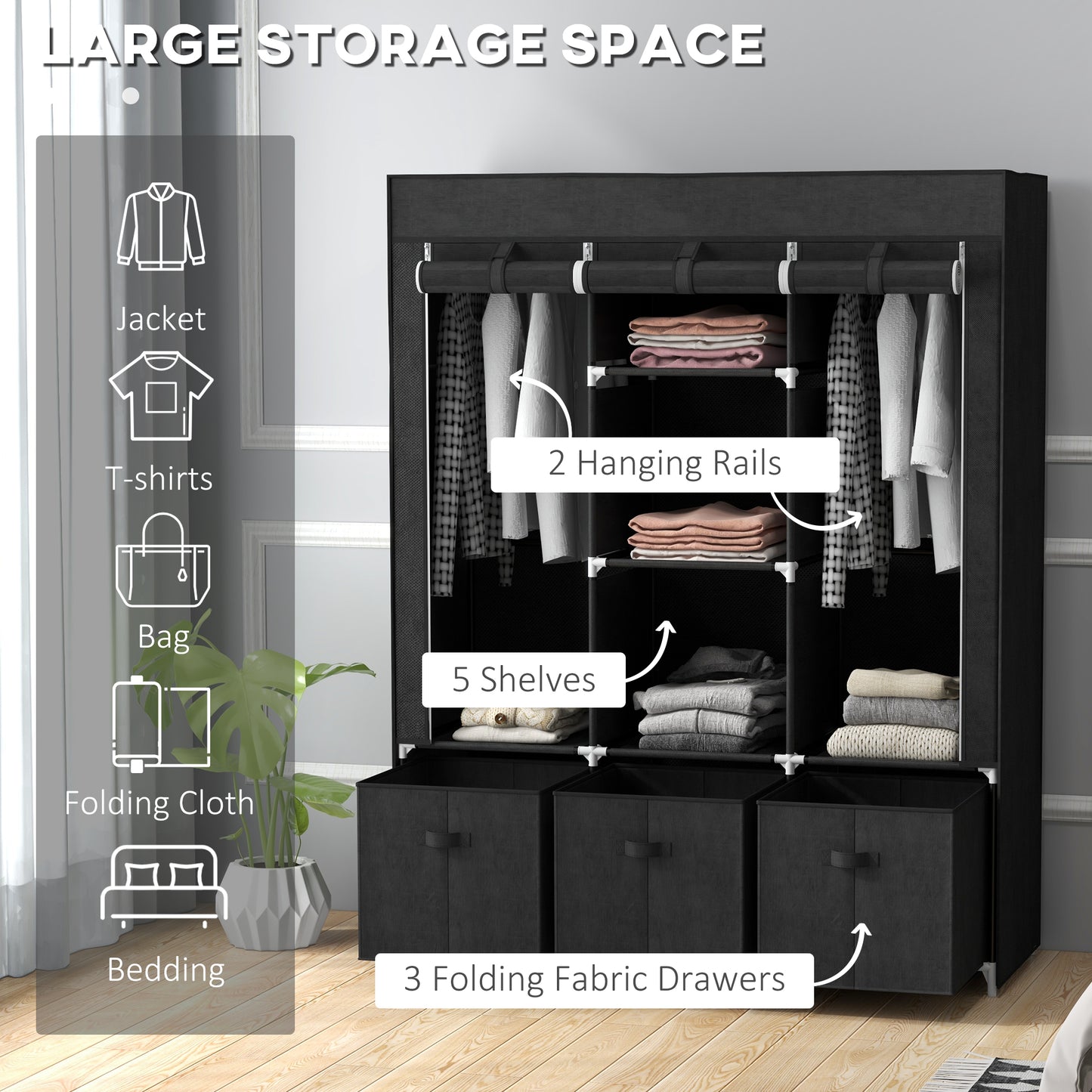 HOMCOM Foldable Fabric Wardrobe for Bedroom Portable with 5 Shelves 2 Hanging Rails and 3 Fabric Drawers Black