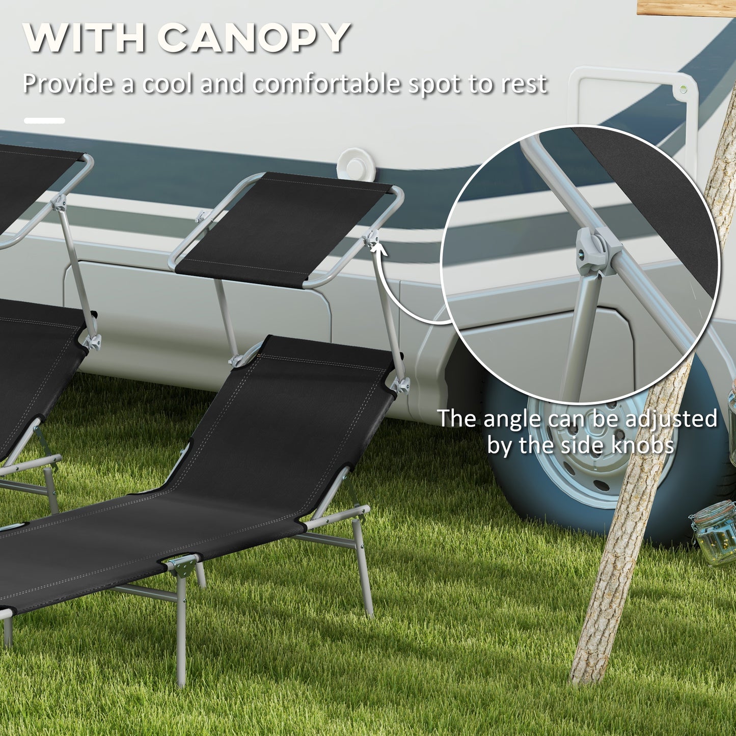 Outsunny Foldable Sun Lounger Set Of 2 With Sun Shade And Adjustable Backrest Black