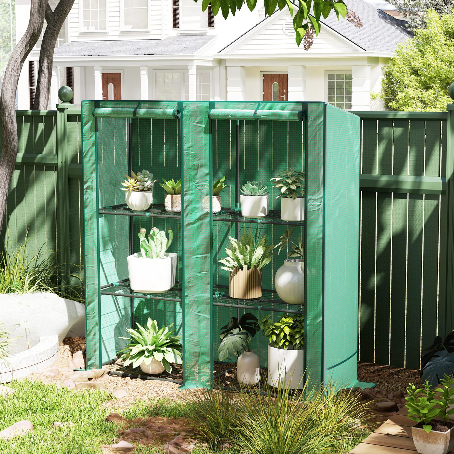 Outsunny Three Tier Mini Greenhouse Green With Roll Up Zip Door And 140 Gram Per Square Meter Plastic Cover