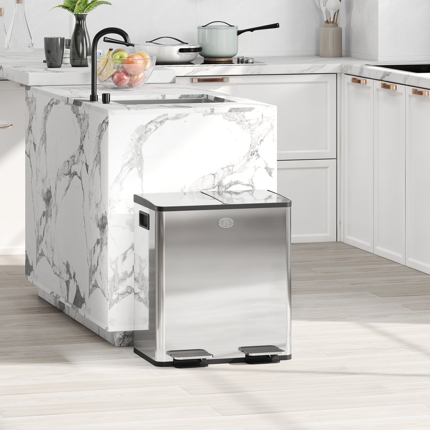 Homcom 40L Dual Compartment Stainless Steel Bin With Deodoriser Holders Silver Tone Kitchen Waste Bin