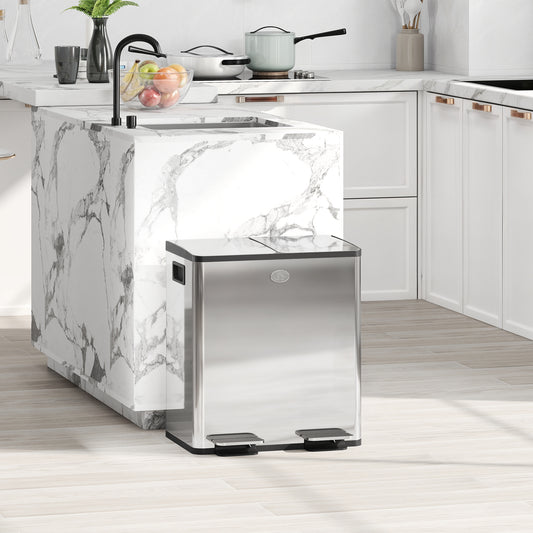 Homcom 40L Dual Compartment Stainless Steel Bin With Deodoriser Holders Silver Tone Kitchen Waste Bin