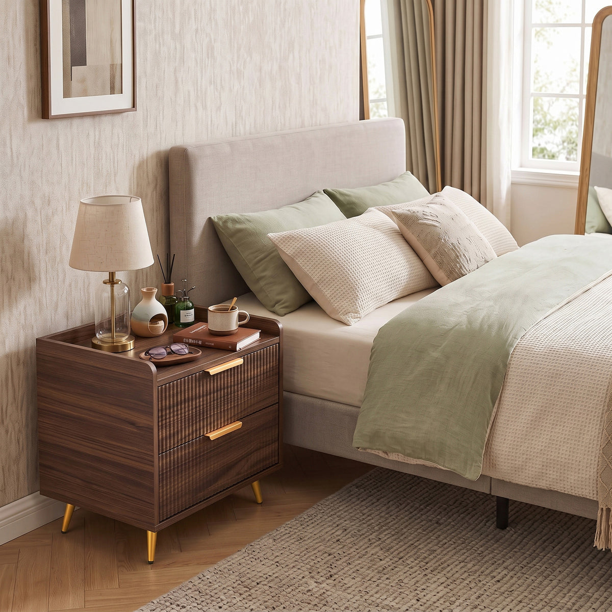 HOMCOM Two Drawer Bedside Table Walnut Brown Nightstand With Gold Handles
