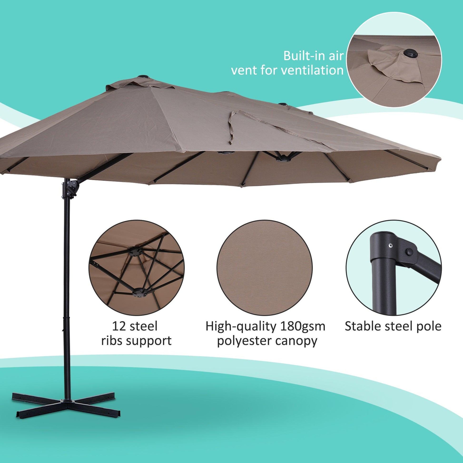 Outsunny Double Canopy Offset Parasol Umbrella Garden Shade with 12 Support Ribs Crank Handle Easy Lift Twin Canopy Brown - ALL4U RETAILER LTD