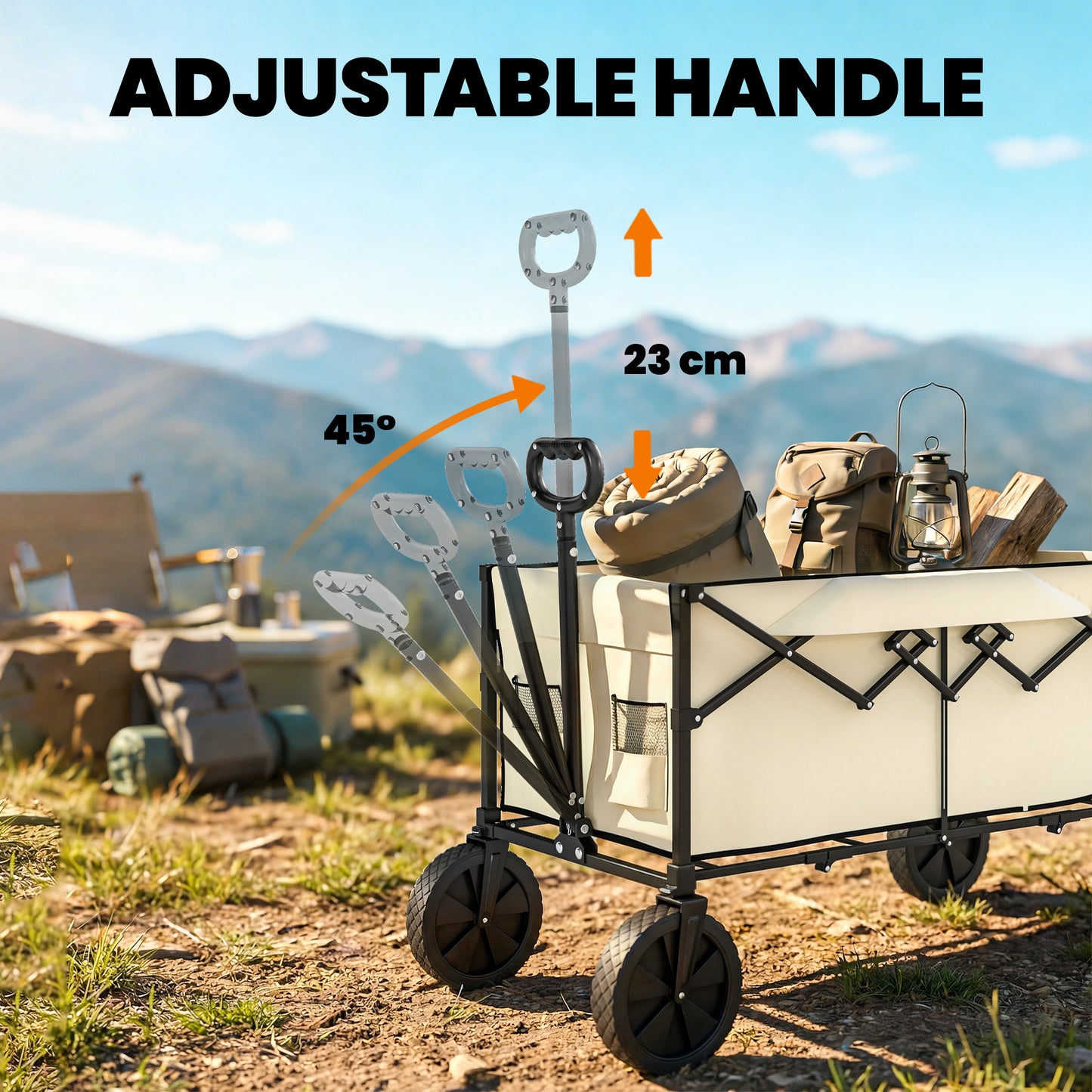 Outsunny 95L Foldable Festival Trolley On Wheels With Adjustable Handle And 2 Cup Holders Khaki