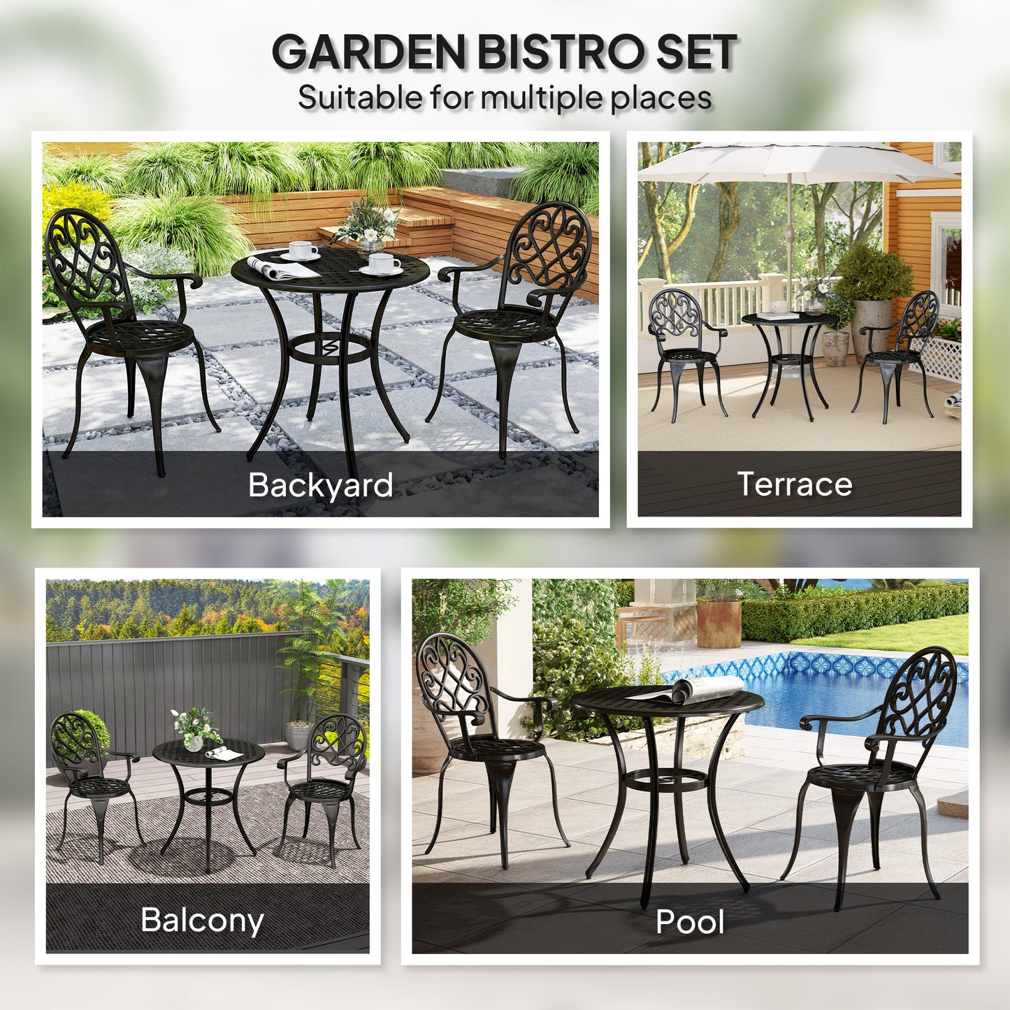 Outsunny Three Piece Aluminium Outdoor Garden Bistro Set With Round Table And Two Chairs In Black