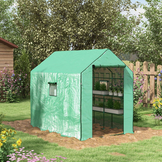 Outsunny Walk-in Greenhouse w/ 3 Tier Shelves, Green House Garden Grow House w/ PE Cover, Roll-up Door, Mesh Windows, 140 x 213 x 190cm, Green - ALL4U RETAILER LTD