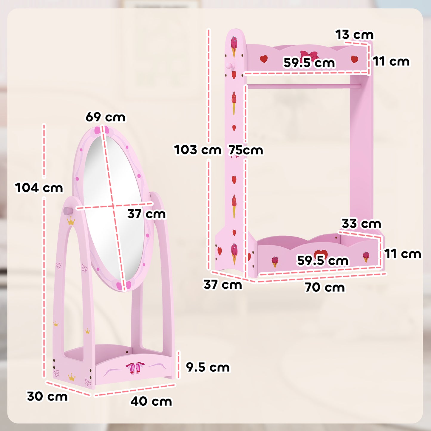 Women's Aiyaplay Kids Clothes Rail, Kids Dressing Mirror With 360° Rotating, 2 Piece Kids Furniture Set With Storage Shelves,
