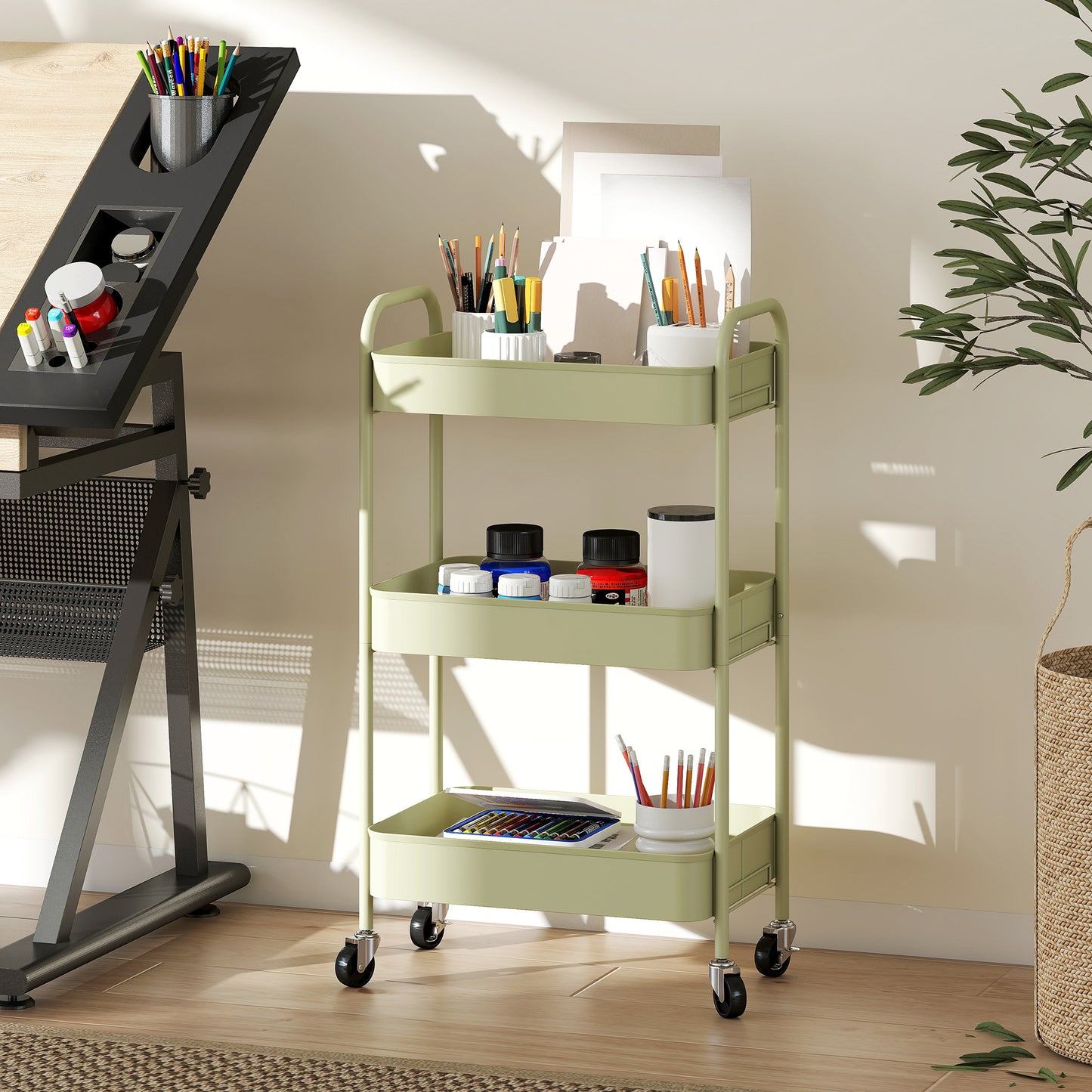 HOMCOM Three Tier Steel Storage Trolley Green Rolling Cart with Small Medium Large Baskets for Home Organization