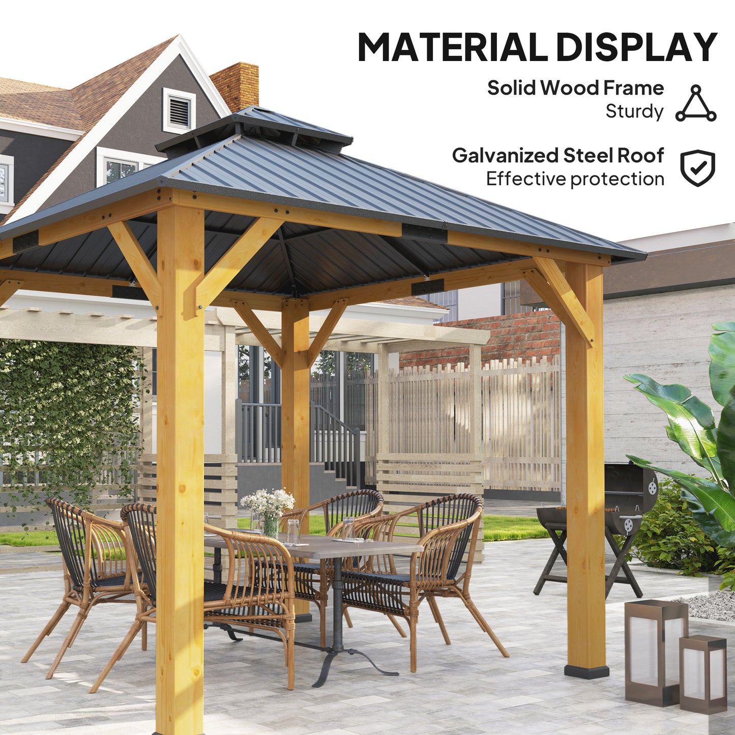 Outsunny 3x3m Outdoor Hardtop Gazebo Canopy With Two Tier Roof And Solid Wood Frame For Patio Garden Grey