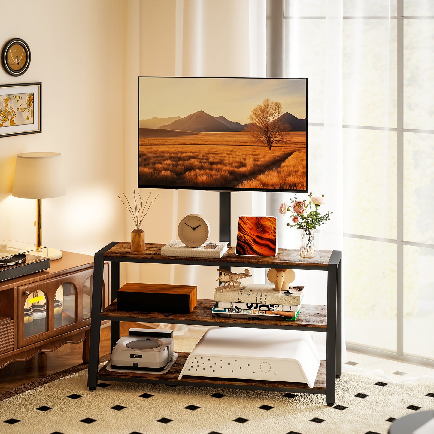 HOMCOM Industrial Style TV Stand With 35 Degree Swivel Bracket For 32 To 70 Inch TVs Dark Brown Steel Frame