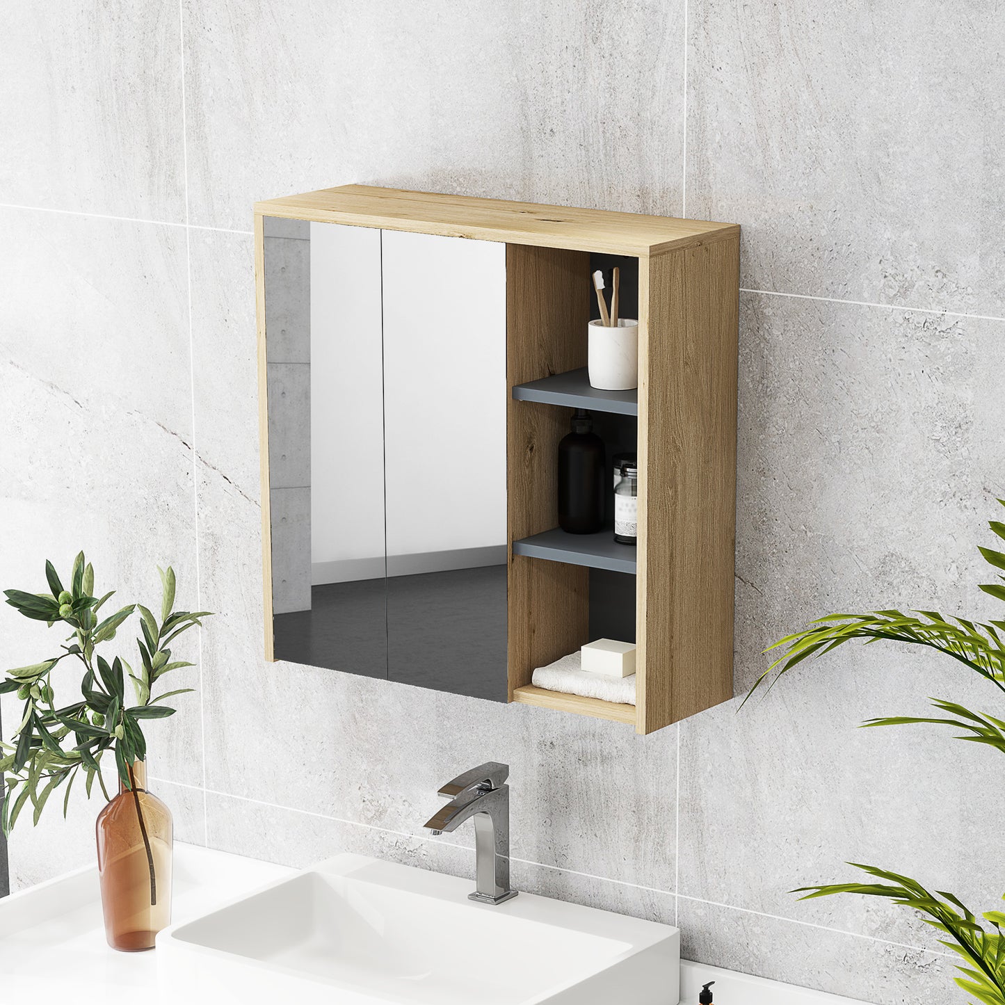 HOMCOM Five Shelf Mirrored Bathroom Cabinet Wood Effect Wall Mounted With Door Shelves And Outer Shelves
