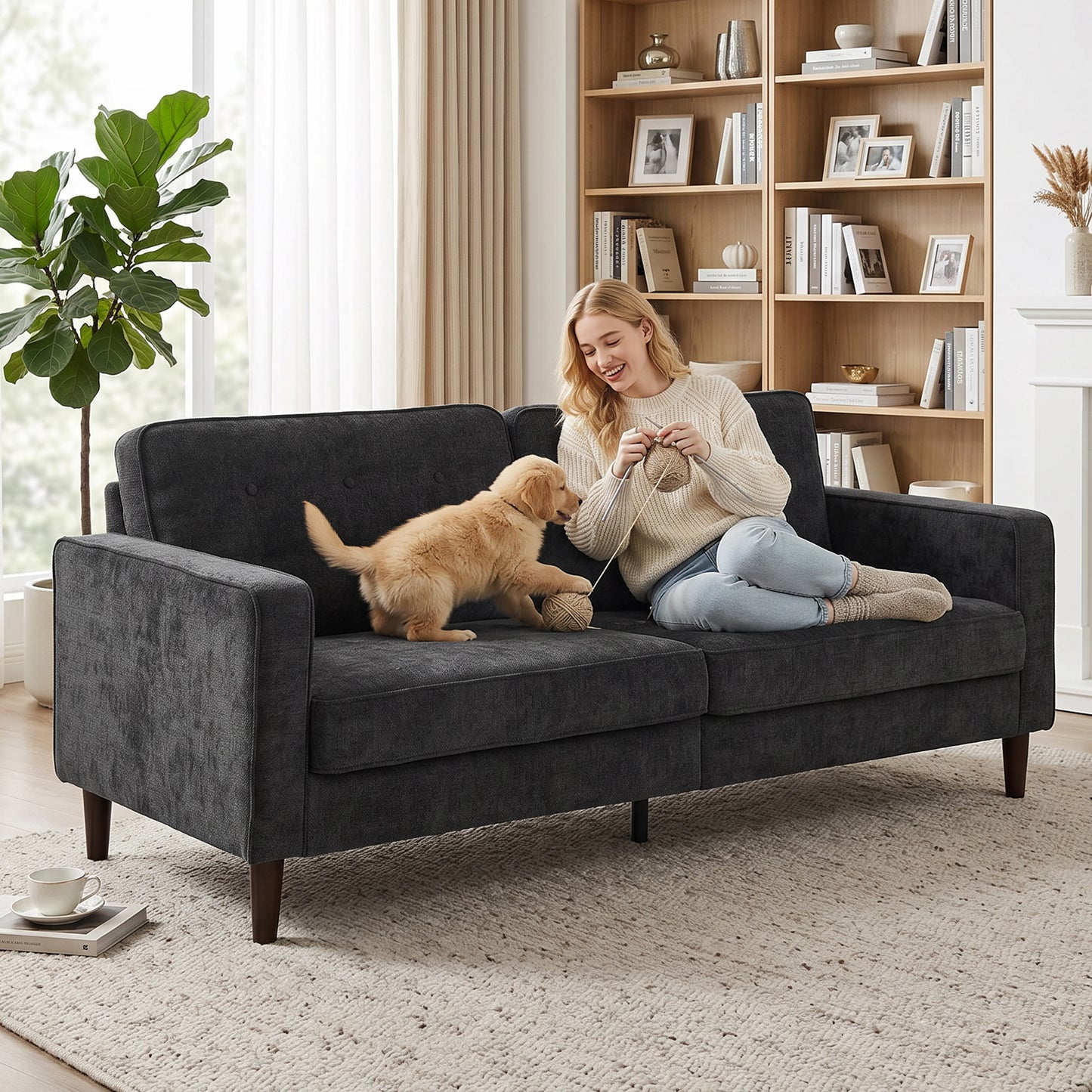 HOMCOM 3 Seater Sofa With Button Tufted Velvet Upholstery And Wood Legs For Living Room In Dark Grey