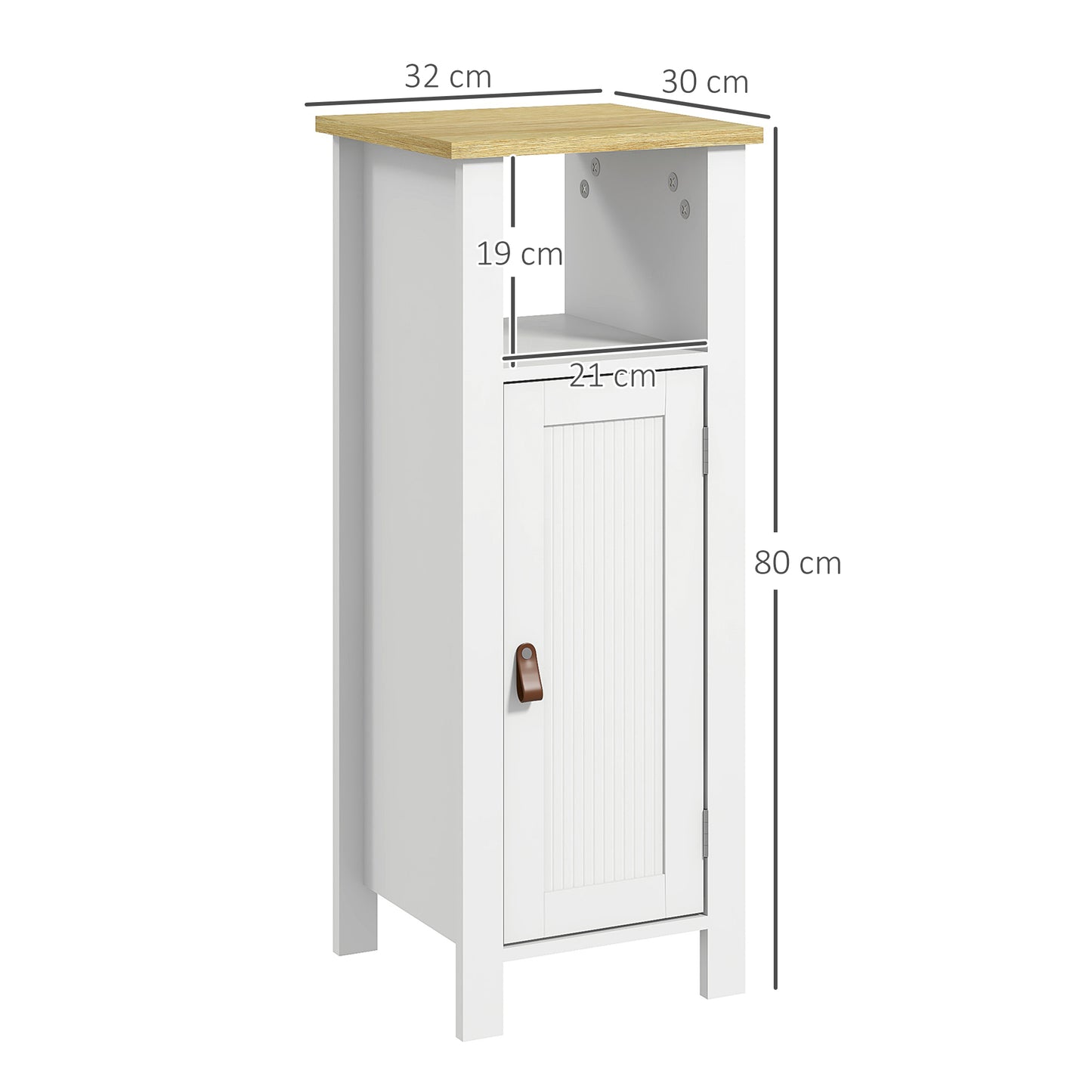 Kleankin Slim White Bathroom Storage Cabinet With Two Tier Cupboard And Faux Leather Handle For Towels