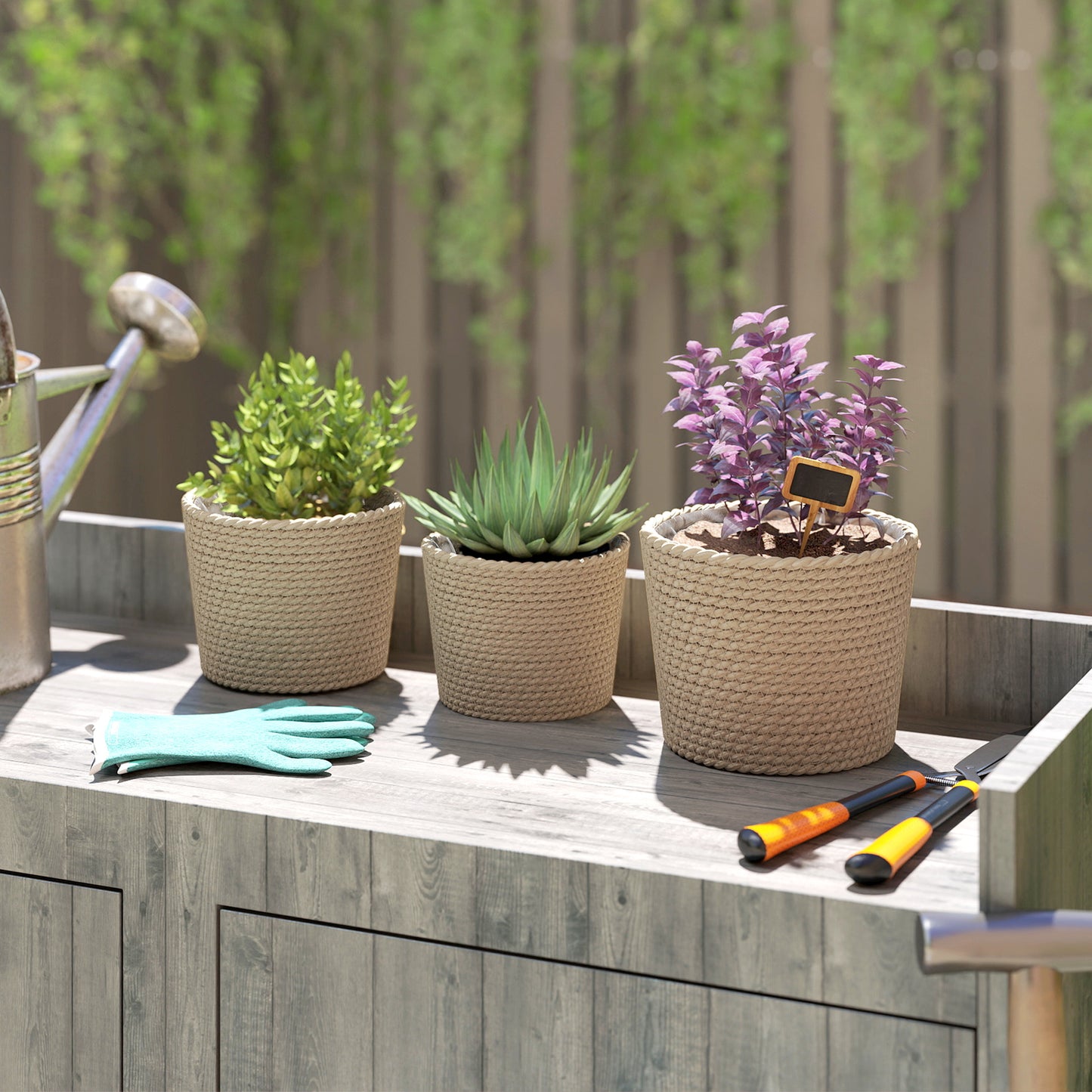 Outsunny Seagrass Planters Set Of 3 Indoor Outdoor Plant Pots For Patio Balcony Natural Finish