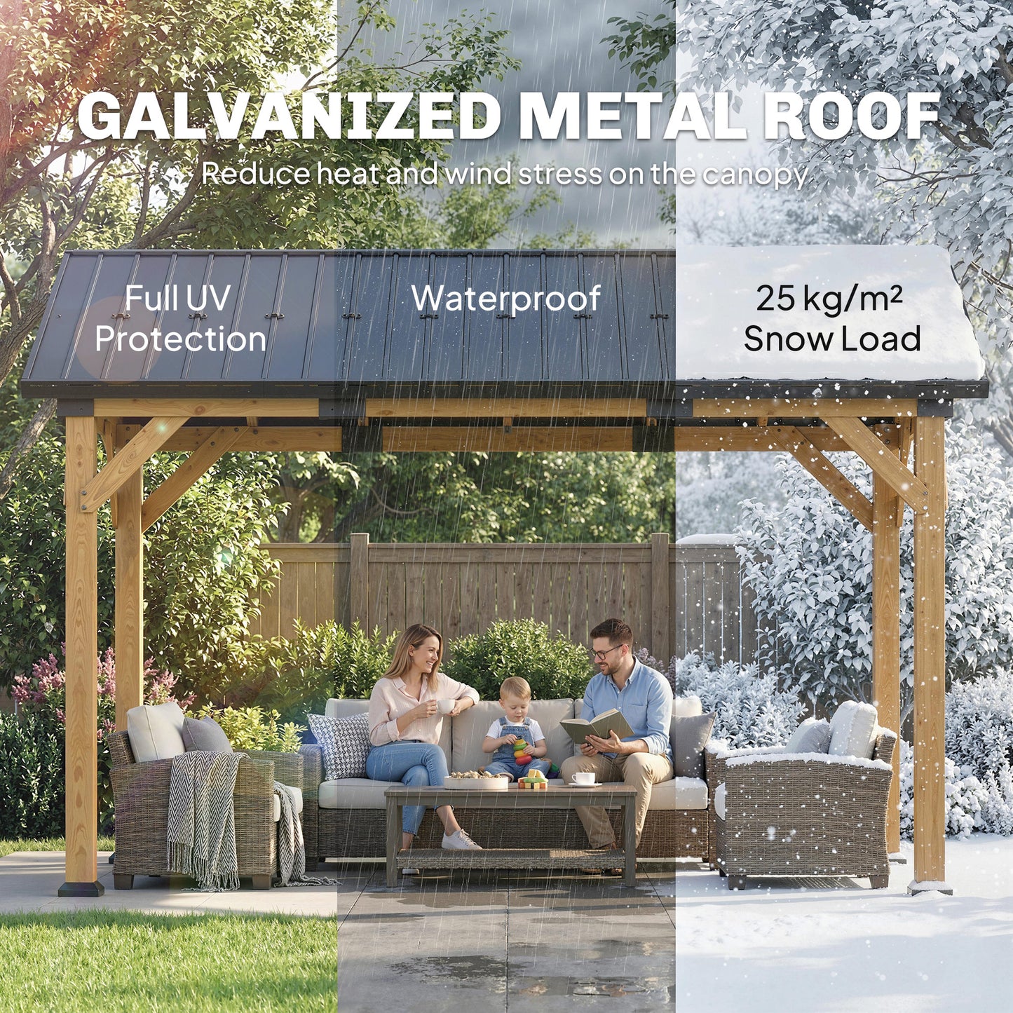 Outsunny 3.5x4m Hardtop Gazebo with Galvanised Metal Roof Fir Wood Frame Hook for Patio and Garden Black Gray
