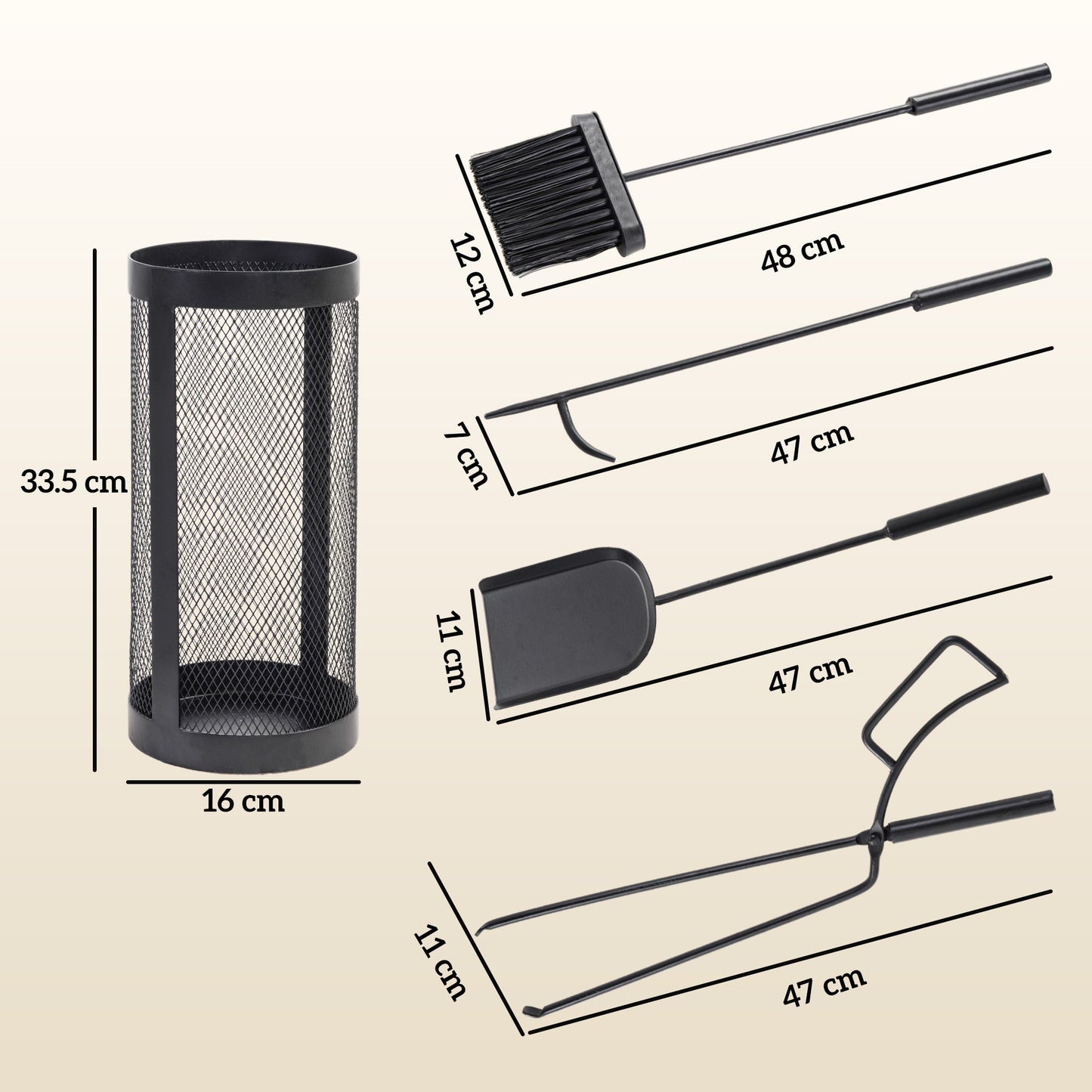 Outsunny 5 Piece Fireplace Tools Set With Mesh Basket Indoor Outdoor Fireside Accessories Black