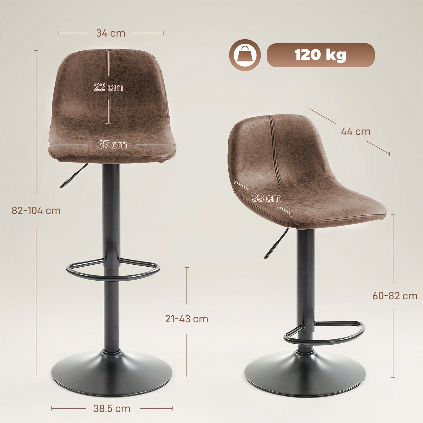 HOMCOM Barstools Set Of 2 Swivel Barstools With Footrest Adjustable 60 To 82 Cm Brown For Kitchen Island Dining Room