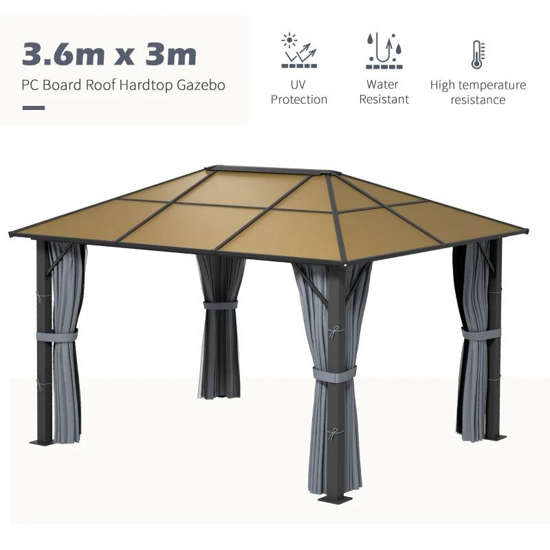 Outsunny 3 x 3.6m Garden Aluminium Gazebo with Hardtop Roof, Canopy, Marquee Party Tent, Patio with Mesh Curtains & Side Walls - Grey - ALL4U RETAILER LTD