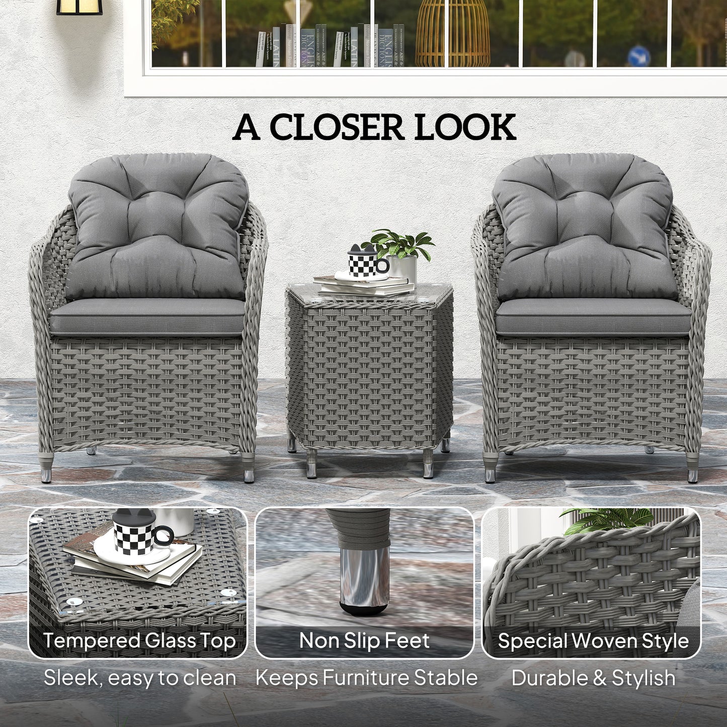 Outsunny Three Piece Super Padded Rattan Set Outdoor Patio Garden Table And Two Chairs Light Grey