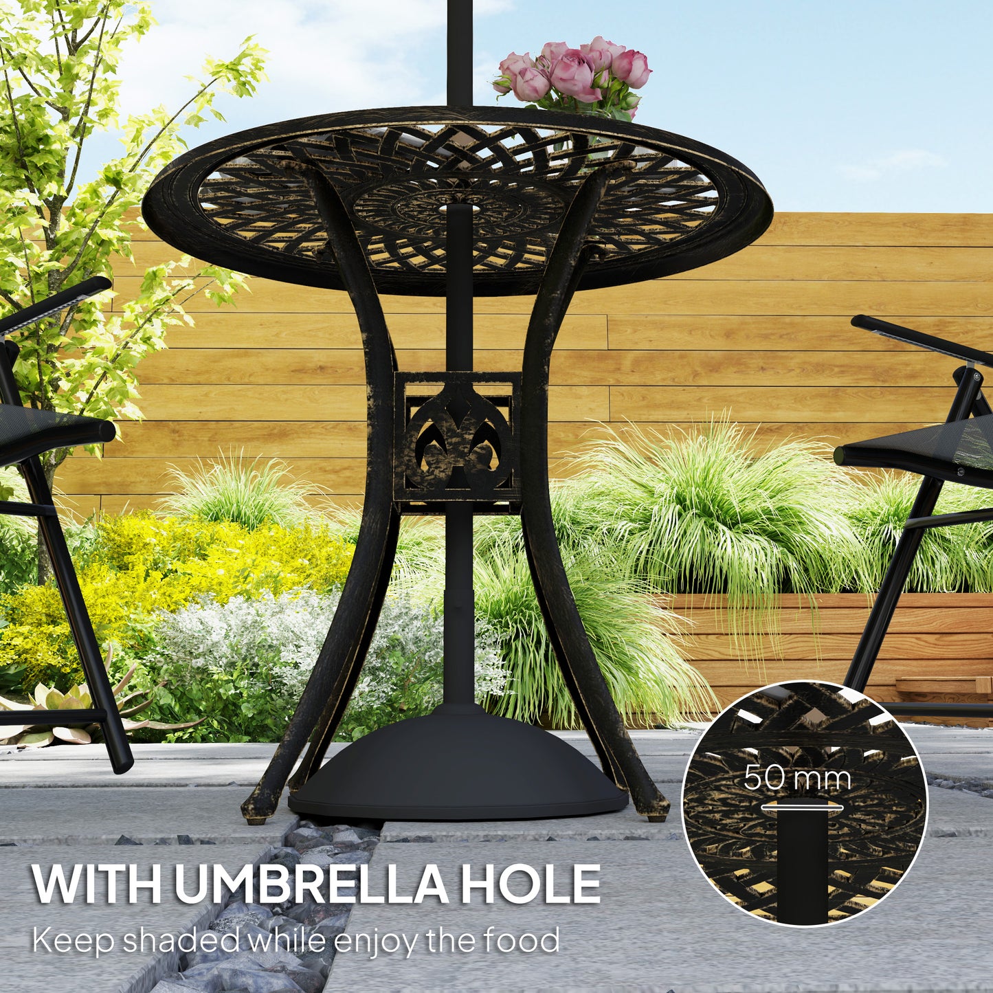 Outsunny 78 Cm Round Garden Dining Table With Parasol Hole Antique Cast Aluminium Bronze Tone Outdoor Table