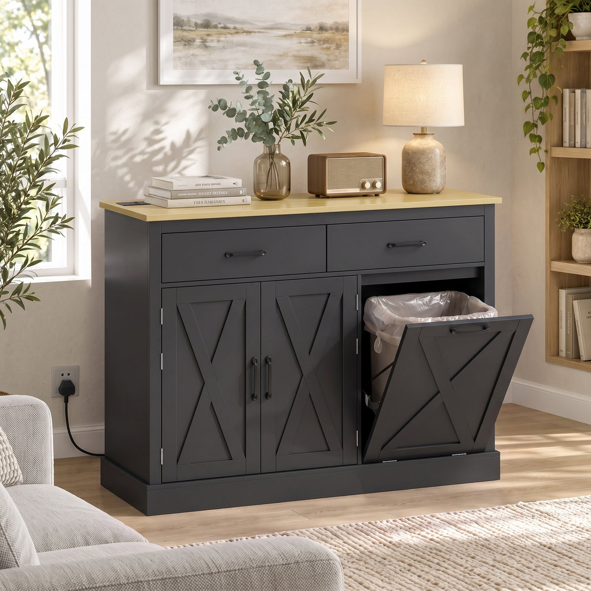 HOMCOM Tilt Out Trash Cabinet With Charging Station And 57 Liter Bin