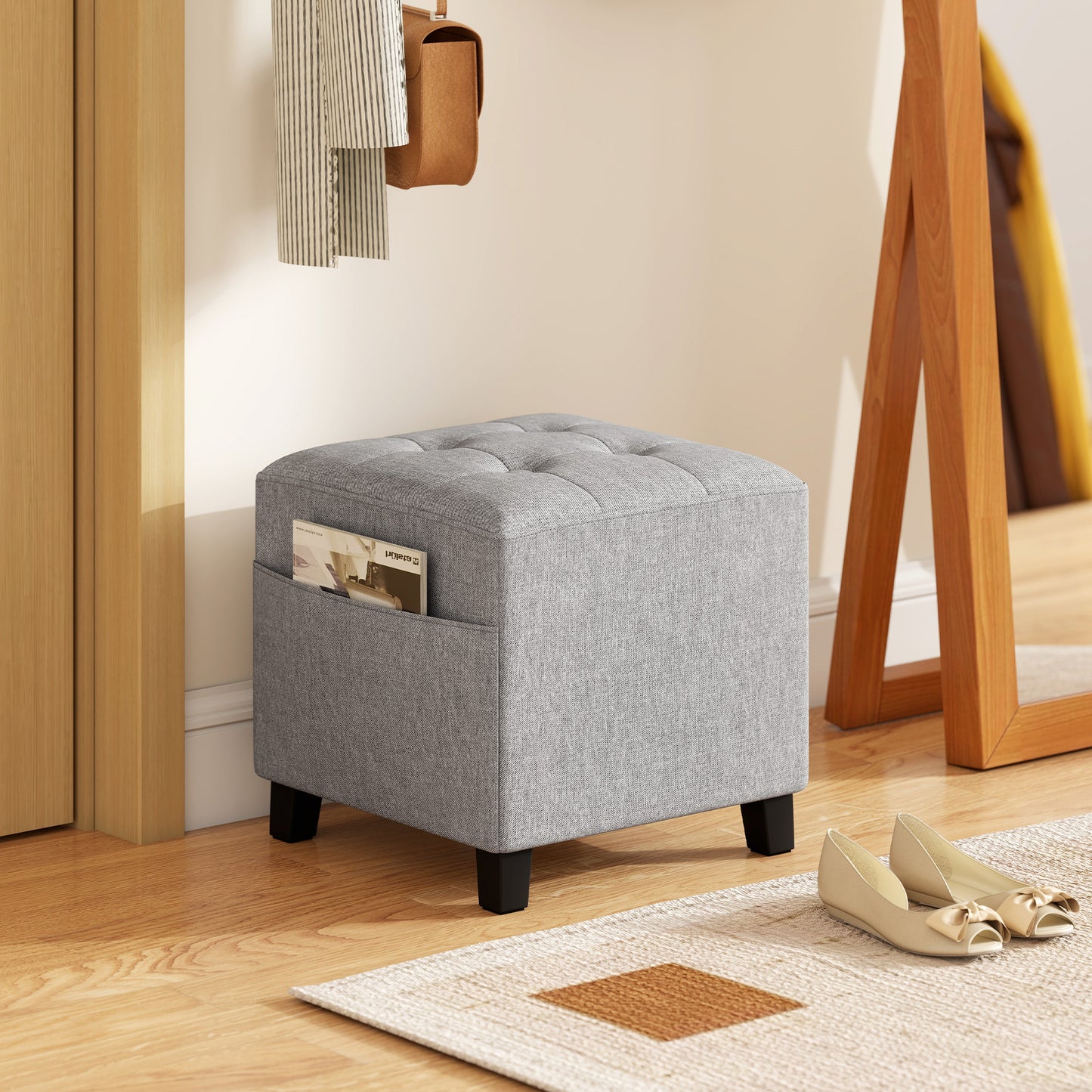 HOMCOM Square Footstool With Side Pocket Storage Ottoman Linen Fabric Footrest 35x35x35 cm Light Grey