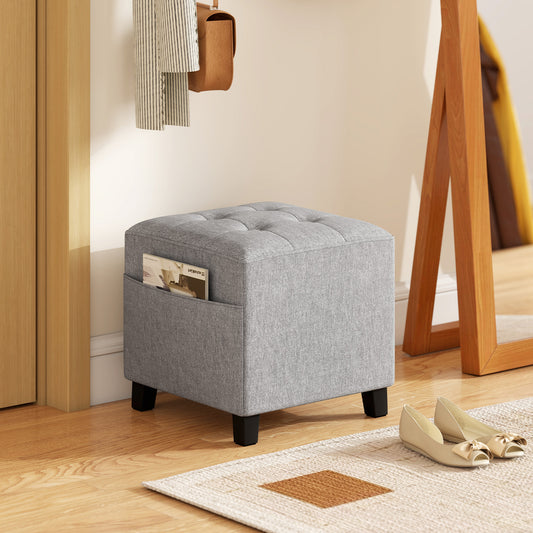 HOMCOM Square Footstool With Side Pocket Storage Ottoman Linen Fabric Footrest 35x35x35 cm Light Grey