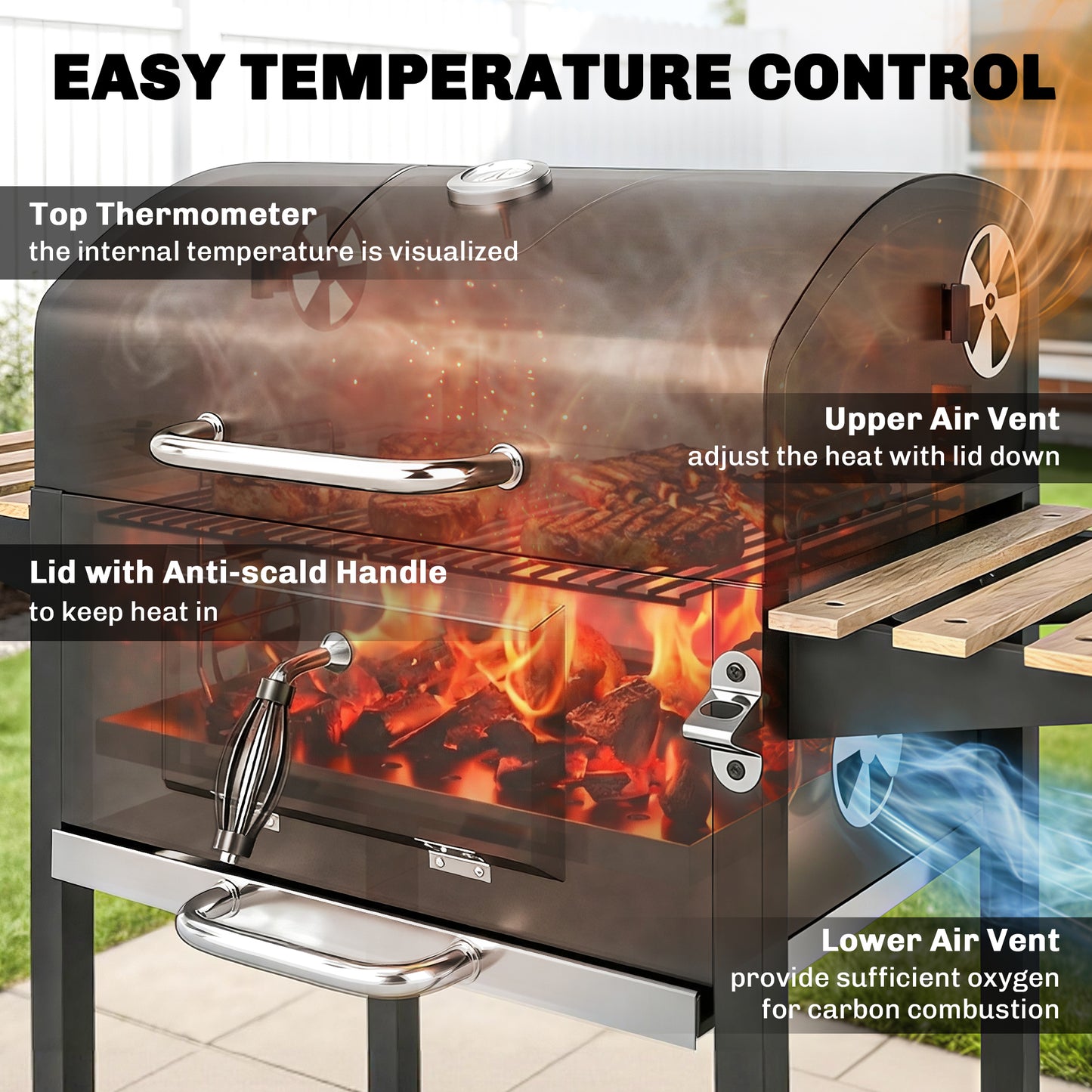 Outsunny Charcoal BBQ Grill With Height Adjustable Charcoal Pan And Warming Rack 3 Shelves Temp Gauge And Wheels
