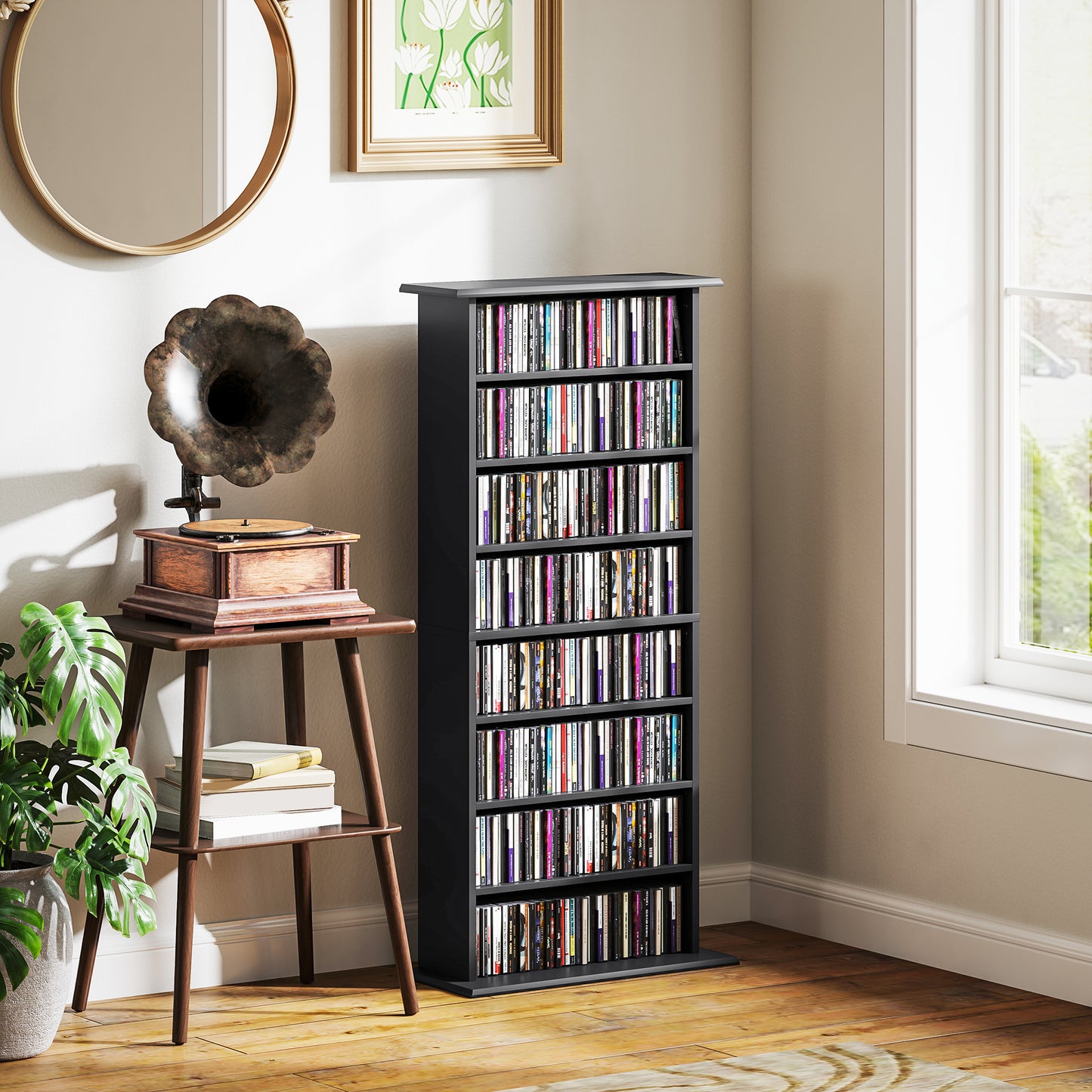 Homcom 360 CD Storage Unit Black With 6 Adjustable Shelves Holds 360 CDs 185 DVDs Blu Rays Wall Anti Tip Straps