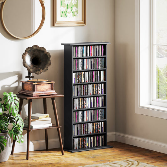 Homcom 360 CD Storage Unit Black With 6 Adjustable Shelves Holds 360 CDs 185 DVDs Blu Rays Wall Anti Tip Straps