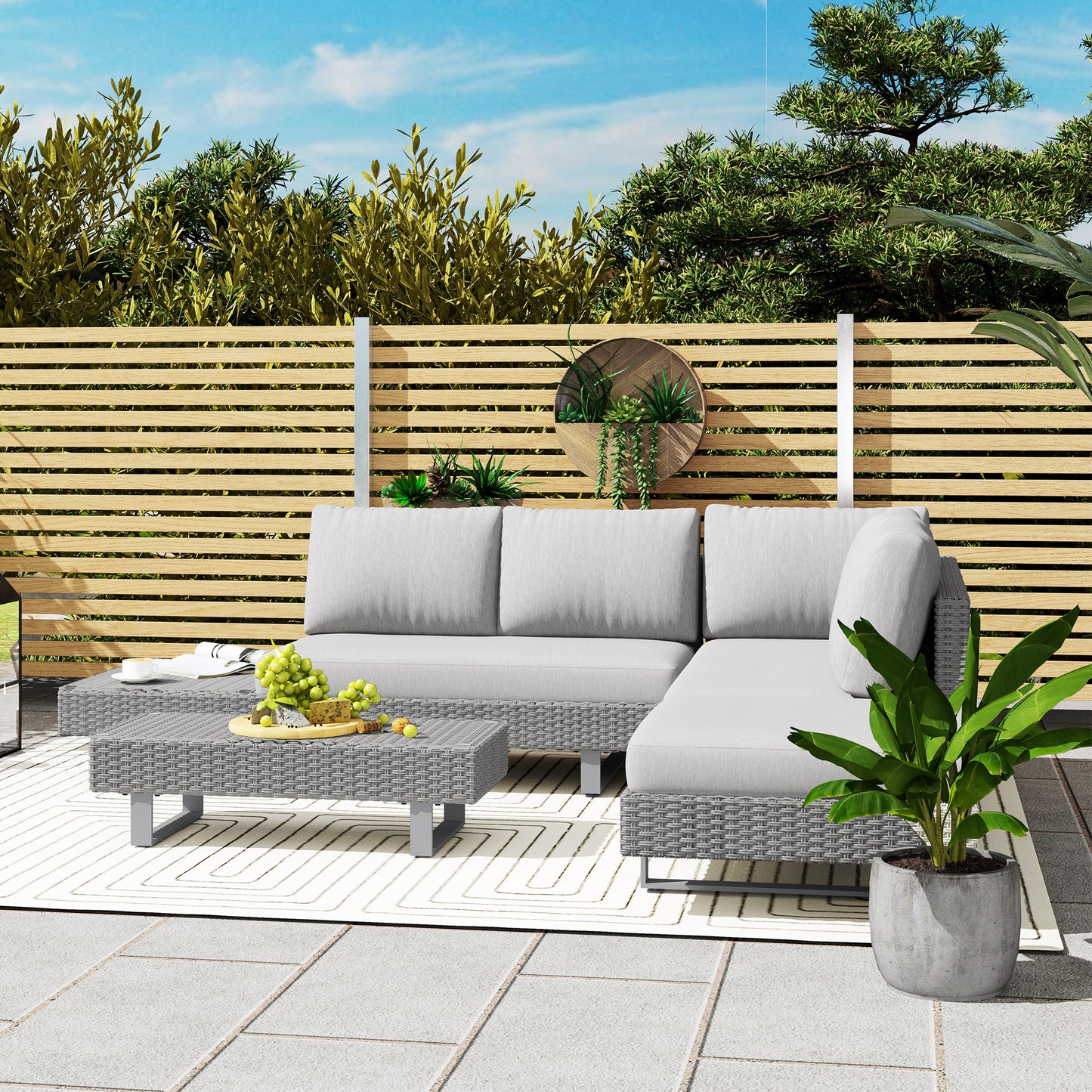 Outsunny Three Piece Rattan Sofa Set With Cushions And Table Light Grey Weather Resistant Outdoor Garden Furniture