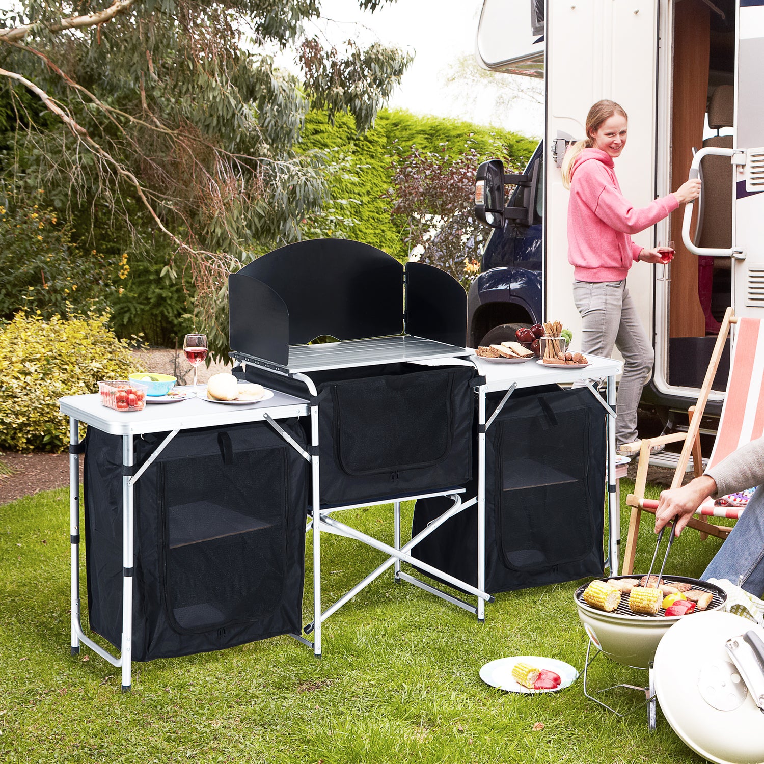 Outsunny Versatile Portable Folding Outdoor Kitchen Table with Windscreen and Ample Storage for Camping, BBQs, and Picnics - ALL4U RETAILER LTD