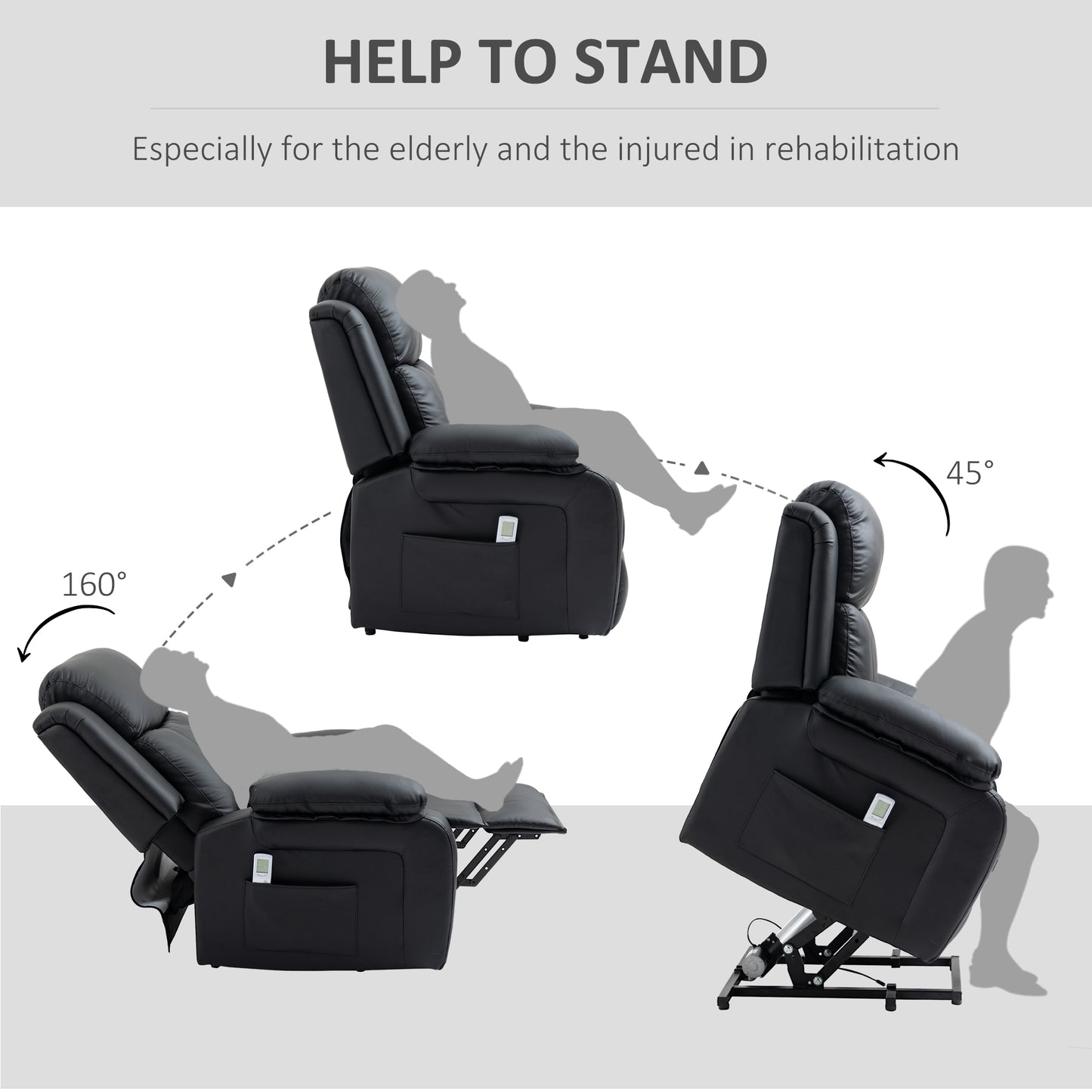 HOMCOM Power Lift Chair Riser And Recliner With Vibration Massage PU Leather Motorized For Elderly Black