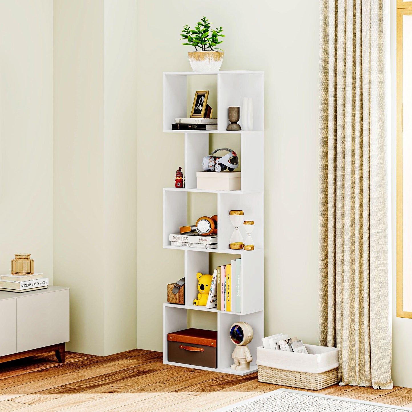 HOMCOM White S Shaped Bookcase Five Tier Freestanding Open Back Wood Display Shelf For Home Office